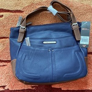 Stone Mountain Genuine Leather Oscar Tote Bag Hobo Navy Blue/Brown New With Tags